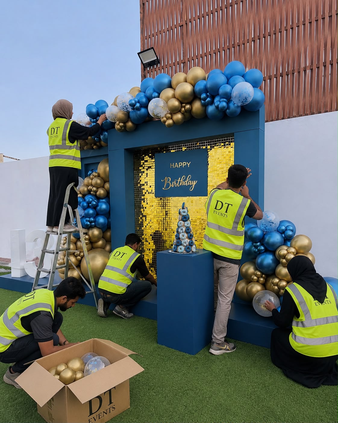 فريق DT Events أثناء تركيب خلفية عيد ميلاد باللونين الأزرق والذهبي في الموقع، وتثبيت قوس البالونات وجدار الترتر